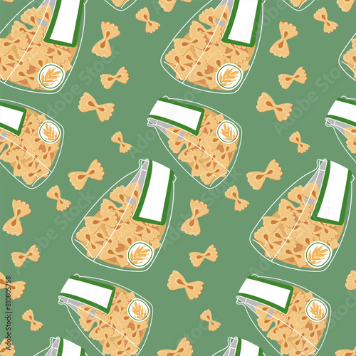 A pattern of paste bows in a transparent bag designed for storage. For culinary topics, food marketing. Flat vector illustration, seamless texture for product packaging. The paste is scattered on the 