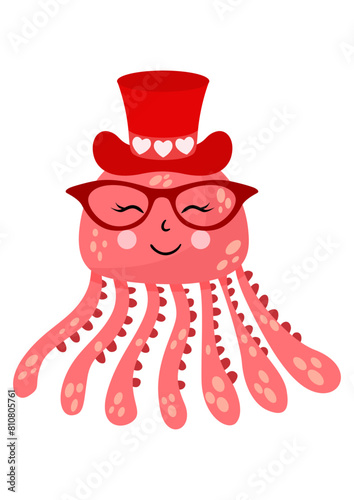 Funny octopus with red hat and glasses