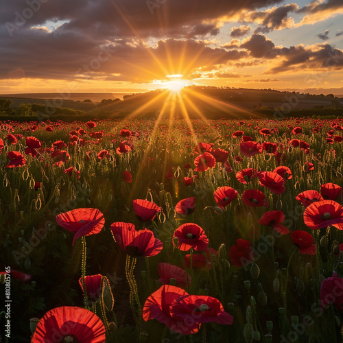 A field under sunset's golden glow with poppies stands as a tribute  fallen heroes on Memorial Day.