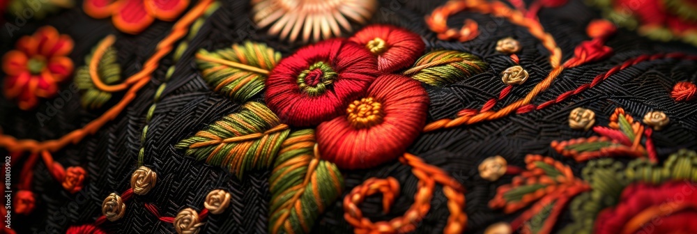 Close-up of intricate Hungarian embroidery with rich red flowers and detailed greenery on a dark fabric Close-up of intricate Hungarian embroidery with rich red flowers and detailed greenery on a dark fabric