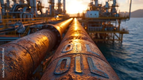 Industrial oil pipes on an offshore platform for oil extraction, shown in close-up. Old oil pipelines weathered by the sea salt and wind.