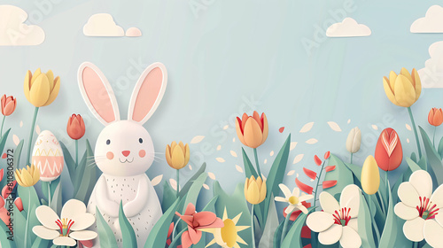 Festive banner for Happy Easter with painted eggs bunny