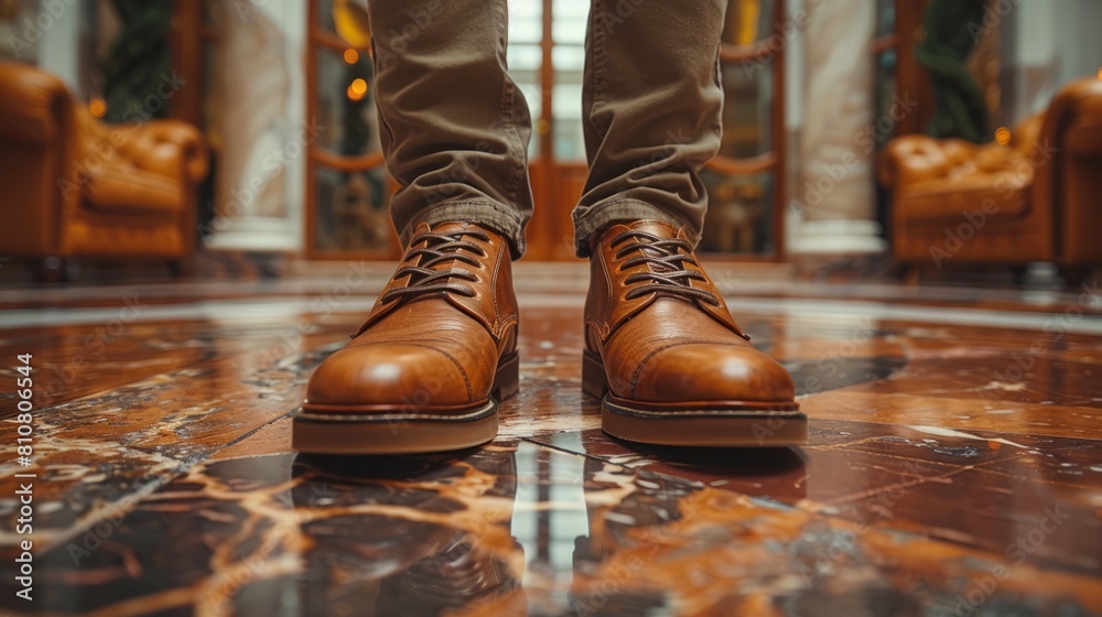 The pristine shine of a man's shoes, accentuated by the smooth marble of the living room floor, pays homage to a well-maintained home. The pristine shine of a man's shoes, accentuated by the smooth marble of the living room floor, pays homage to a well-maintained home.