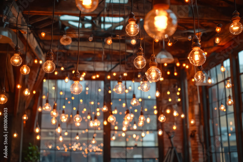 A room with many lights hanging from the ceiling. The lights are warm and glowing, creating a cozy and inviting atmosphere