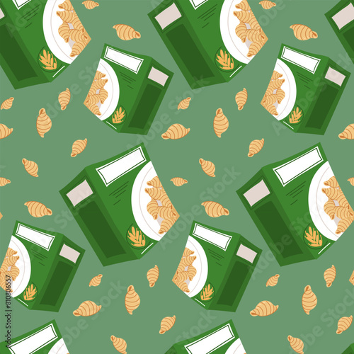 Spiral paste pattern in a cardboard box designed for storage. For culinary topics, food marketing. Flat vector illustration, seamless texture for product packaging. The paste is scattered on the green