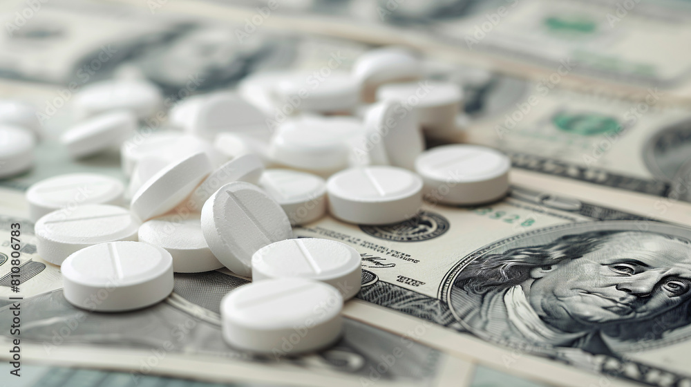 The pills are on dollar bills. The concept of creating business from medicines The pills are on dollar bills. The concept of creating business from medicines