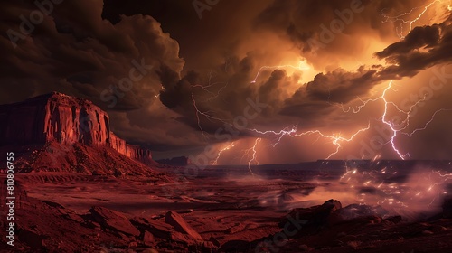 A dramatic lightning storm illuminating the night sky over a rugged desert landscape, with bolts of lightning striking the horizon.