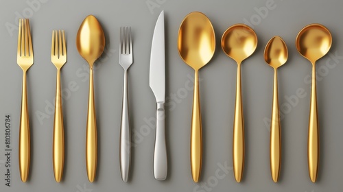 Cutlery of golden and silver color fork, knife, spoon, and teaspoon in 3D. Metal tableware isolated on grey background, realistic modern illustration.