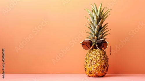 A beautiful pineapple stands against a peach-colored background in gold sunglasses