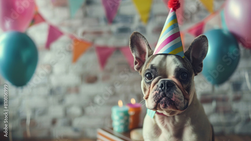 Cane simpatico indossa capello per la sua festa di compleanno photo