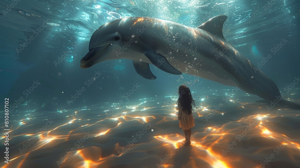 Obraz premium Brightly colored and full of energy, a picture captures a small girl's joyful play with a friendly dolphin underwater.