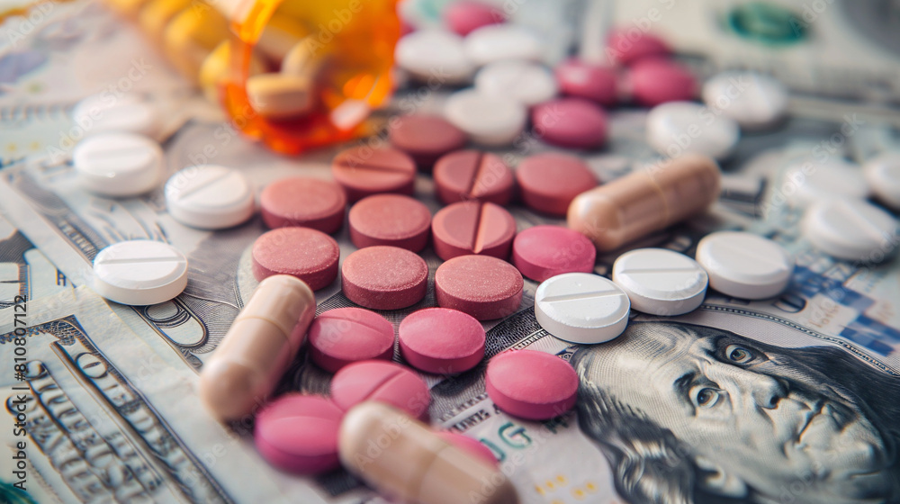 The pills are on dollar bills. The concept of creating business from medicines The pills are on dollar bills. The concept of creating business from medicines
