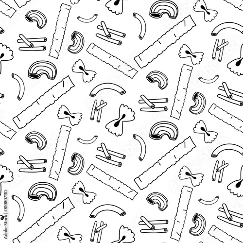 pattern of different types of contoured pasta. Suitable for decorating with culinary themes inspired by Italian cuisine. Homogeneous texture of several versions of Italian flour pasta on a white