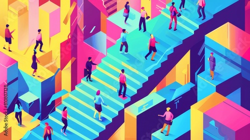 An isometric modern landing page with people on various steps of a staircase as a message of self-development and growth for business. photo