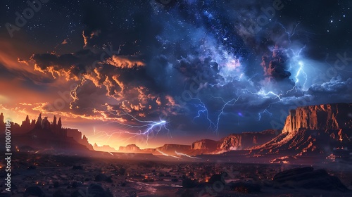 A dramatic lightning storm illuminating the night sky over a rugged desert landscape, with bolts of lightning striking the horizon.