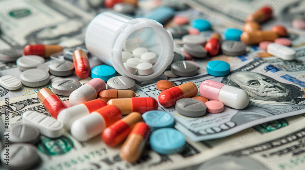 The pills are on dollar bills. The concept of creating business from medicines