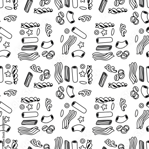 Pattern of different types of contoured pasta on white. Suitable for decorating with culinary themes inspired by Italian cuisine. Homogeneous texture of several versions of flour pasta made Italian