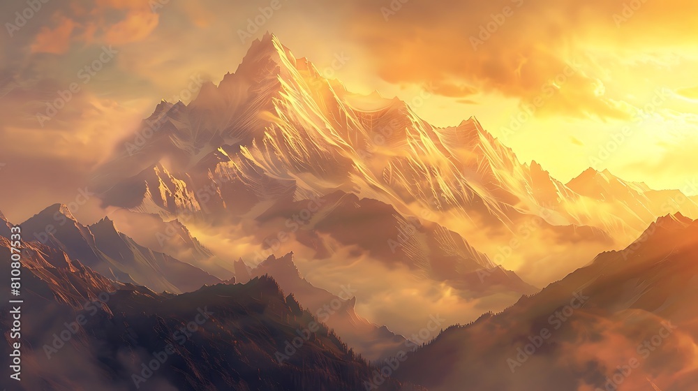 A majestic mountain range bathed in golden light at sunrise, with wisps of clouds clinging to the peaks.