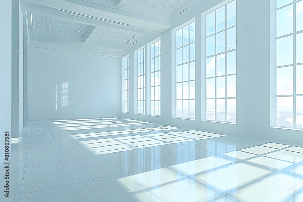 Fototapeta premium A large, empty room with white walls and windows. The room is very bright and airy, with the sunlight