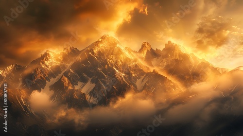 A majestic mountain range bathed in golden light at sunrise, with wisps of clouds clinging to the peaks. #810807511