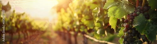 Focus a Vineyard and Grapevines, with a Sunset, On the right side free space, photography, Wine Country advertisement concept