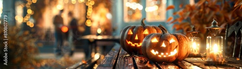 Focus on a couple carving pumpkins together for Halloween, with spooky designs and glowing candles, in a blur of a dimly lit porch background, captured in highspeed macro style
