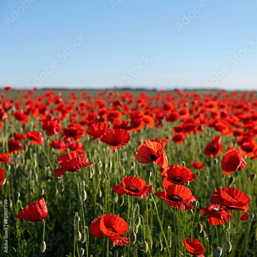 Field of red poppies under a pristine blue sky  reflecting Memorial Day s peaceful essence.