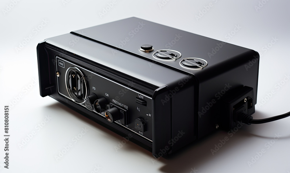 Fototapeta premium A black computer power supply unit with a fan on top. The fan is orange and has a black base