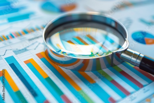 Lente d'ingrandimento su grafici di ricerche di mercato e analisi dei dati nel marketing strategico