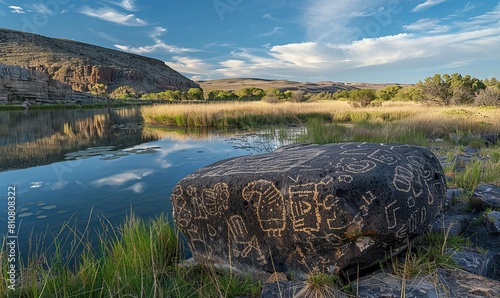 Petroglyphs on a boulder in the basalt lined canyon of the now-dry Stillman Lake near the headwaters of the Verde River, Paulden, Arizona photo