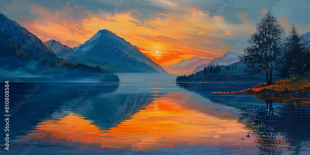 sunset over the lake reflecting a mountain