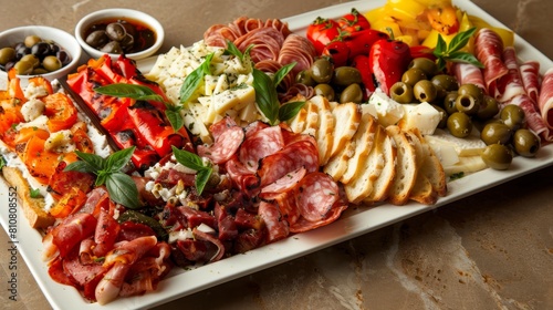 Piatto assortito di antipasti italiani, tra cui salumi, formaggi, olive e peperoni grigliati photo