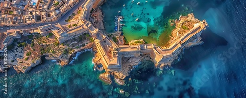 Aerial view of Grand Harbour with Fort Sant Angelo and Fortifications, Valletta, Malta.