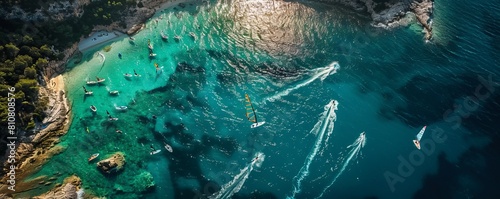 Aerial view of windsurf race in sunny Dalmatian coast, Croatia. photo