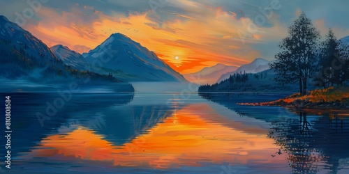 sunset over the lake reflecting a mountain