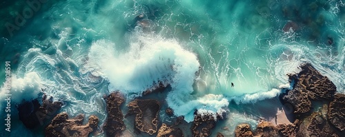 Aerial drone view of large ocean waves breaking over rocks and flooding a tidal pool with children swimming, Boucan Canot, Saint Paul, Reunion. photo