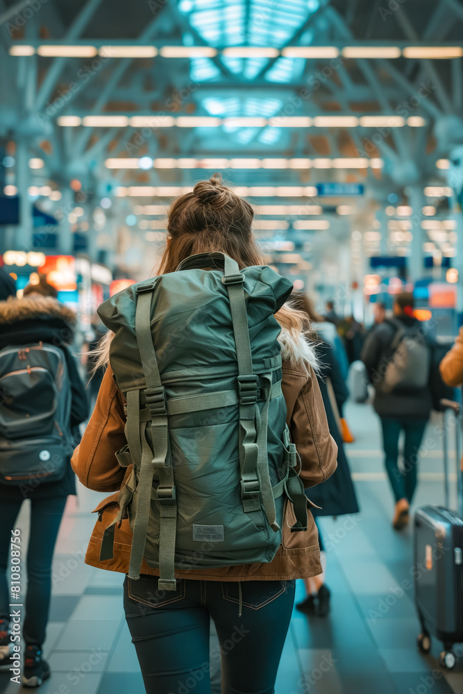 A woman wearing a backpack is walking through a busy airport terminal. She is surrounded by other people, some of whom are carrying suitcases. The atmosphere is bustling and hectic