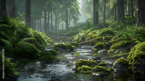 A peaceful forest glade with a babbling brook meandering through the moss-covered rocks and ferns.