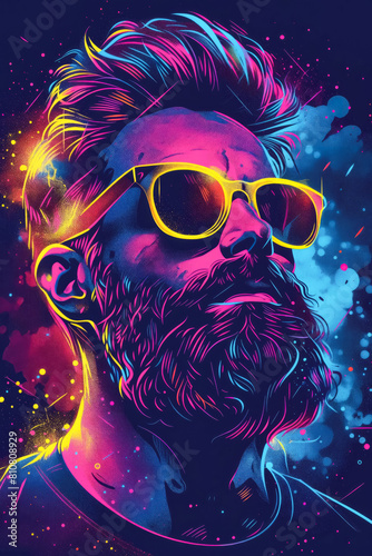 A man with a beard and sunglasses is the main subject of the image. The man is wearing a yellow shirt and sunglasses, and the background is a colorful and vibrant scene. The image has a fun