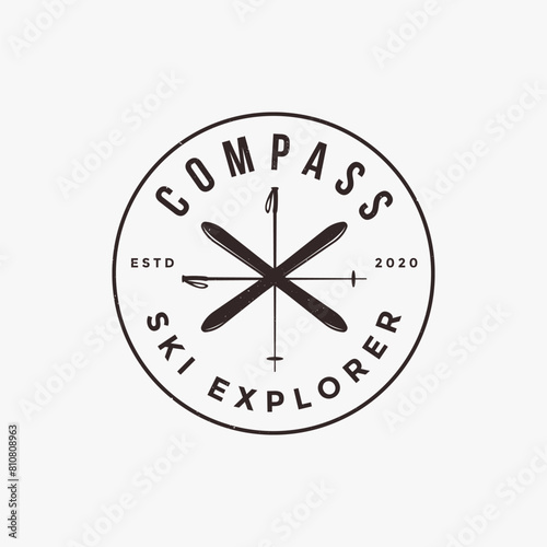 Badge emblem compass ski logo vector on white background