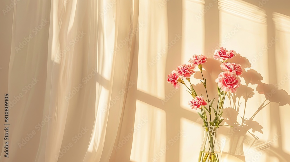 Carnation flowers bouquet in vase on neutral beige empty wall and linen curtain 