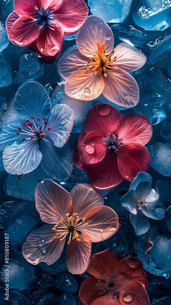 abstract background with colorful frozen flowers in ice