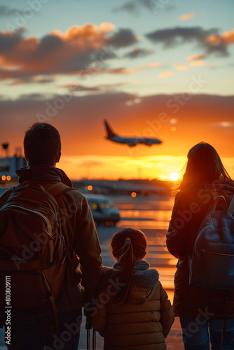 A family of four is standing on the tarmac of an airport, watching an airplane fly overhead. The sun is setting, casting a warm glow over the scene. The family members are carrying backpacks