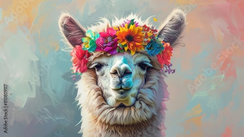 An endearing portrait of an alpaca's head gracefully embellished with a colorful floral crown on a soft background