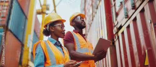 In the container terminal, a multi-ethnic female industrial engineer with a tablet and a black African American supervisor, both in hard hats and safety vests, talk about logistics operations with photo