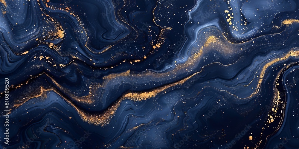 Beautiful Navy Blue Paint Swirls with Gold Powder. Modern Marbling Background. Beautiful Navy Blue Paint Swirls with Gold Powder. Modern Marbling Background.
