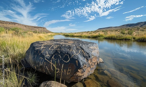 Petroglyphs on a boulder in the basalt lined canyon of the now-dry Stillman Lake near the headwaters of the Verde River, Paulden, Arizona photo