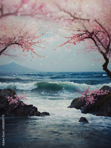 Abstract Sakura Seascape, Waves, sea, and pink sakura trees inspired by Hokusai. photo