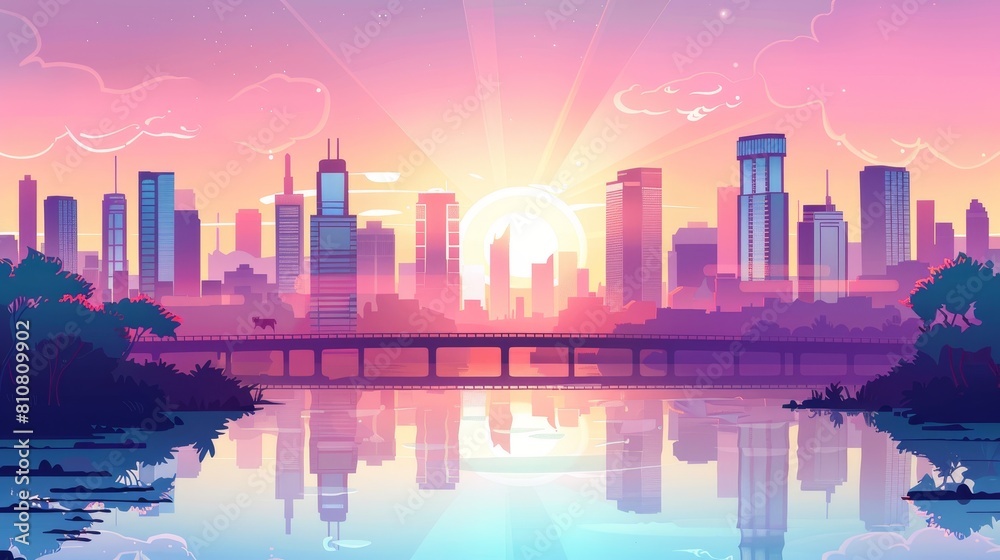 In morning pink light, city skyline with buildings and bridge above lake or river at sunset. Modern cartoon landscape of sea, island and skyscrapers on horizon with overpass highways.