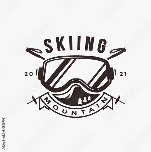 Vintage emblem badge seal ski logo vector with ski snowboarding glasses and mountain concept